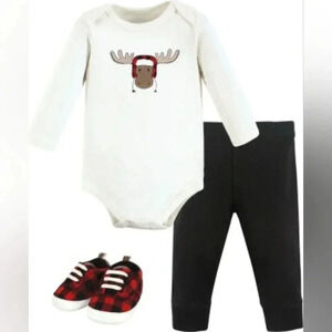 Hudson Baby Unisex ‎ Cotton Bodysuit, Pant Shoe Set Winter Moose 0-3 Month NEW